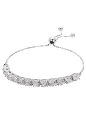 Women's Adjustable Bracelet With Clear Round Cubic Zirconias In Sterling Silver - Silver/clear (9.25")