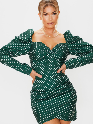 Emerald Green Polka Dot Puff Sleeve Twist...