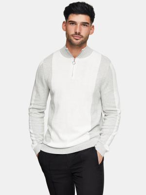 White And Gray Zip Turtle Neck Knitted Sweater