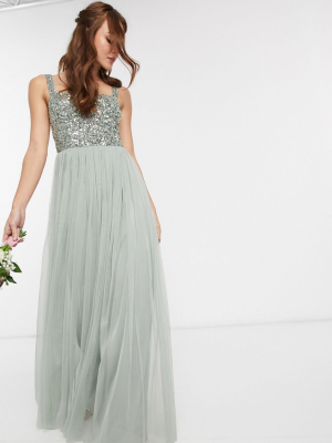 Maya Bridesmaid Sleeveless Square Neck Maxi Tulle Dress With Tonal Delicate Sequin Overlay In Sage Green