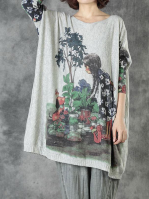 Autumn Women Loose Knitted Print Sweater