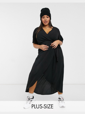 New Look Curve Classic Flutter Sleeve Wrap Dress In Black