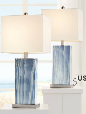 360 Lighting Modern Table Lamps Set Of 2 With Usb Charging Port Rectangular Blue White Fabric Shade Living Room Bedroom Bedside