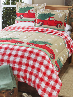 Lakeside Tree Farm Holiday Comforter Set With Vintage Truck, Christmas Trees - Set Of 3