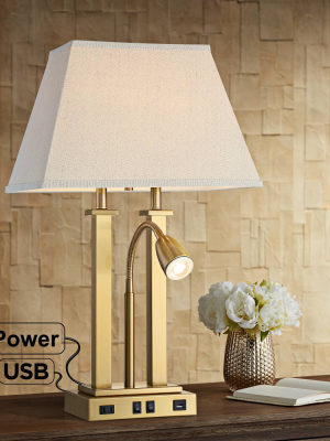 Possini Euro Design Modern Desk Table Lamp With Usb And Ac Power Outlet In Base Led Antique Brass Oatmeal Shade For Bedroom Office