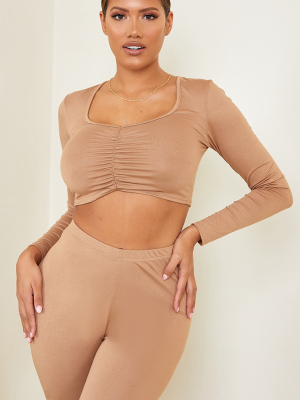 Shape Camel Jersey Ruched Front Long Sleeve...