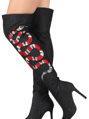 Mini100 Black Denim Over The Knee Snake Embroidered Boot
