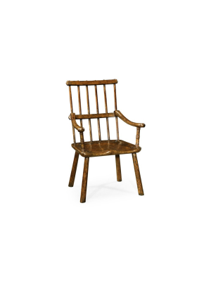 Rustic Dark Oak Country Arm Chair With A Plank Seat