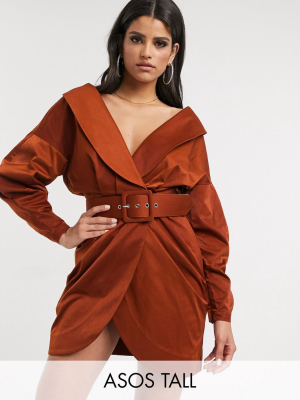 Asos Design Tall Off Shoulder Ruched Belted Tux Mini Dress In Rust