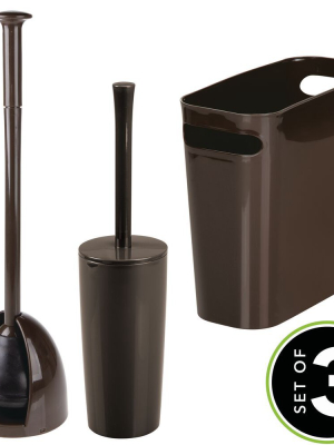 Mdesign 3 Piece Plastic Bathroom Plunger, Bowl Brush, Trash Can Set - Dark Brown