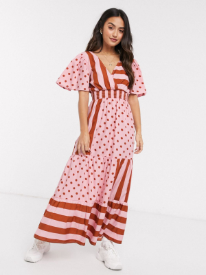 Asos Design V Front V Back Maxi Dress With Shirred Waist In Spot And Stripe Print