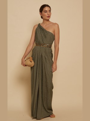 Royal Garden Draped Jacquard One-shoulder Maxi Dress