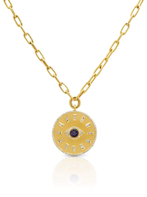 14kt Yellow Gold Baguette Diamond Sapphire Evil Eye Medallion Charm