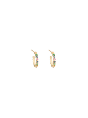 14k Small Bezel Rainbow Sapphire Huggie Hoops