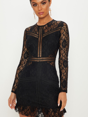 Black Lace Ladder Detail Frill Hem Bodycon Dress