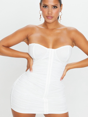 Shape White Mesh Ruched Hook And Eye Bodycon Dress