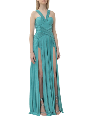 Elisabetta Franchi Shimmer Micro Pleated Maxi Dress