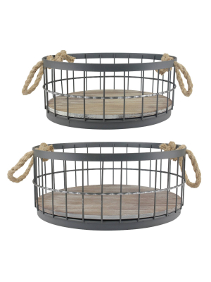 Stonebriar Coastal Wire And Wood Decorative Baskets With Handles