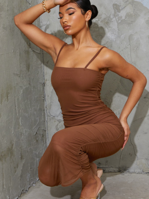 Chocolate Strappy Mesh Ruched Midaxi Dress