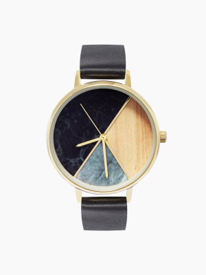 Marble And Wood Watch W/ Faux Leather Strap - Black/marble