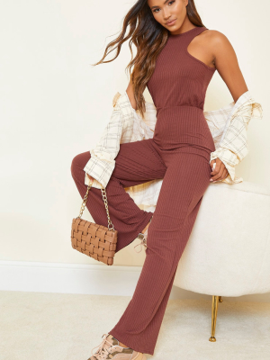 Chocolate Soft Rib Racerneck Wide Leg Jumpsuit