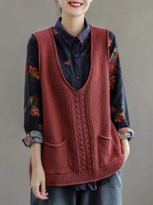 Plus Size - Women Pocket Knitted Hollow Sweater Vest