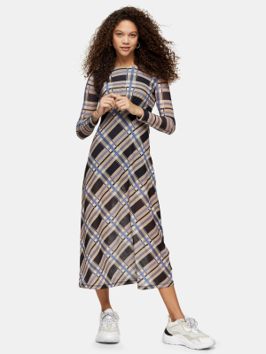 Petite Blue And Stone Check Mesh Midi Dress