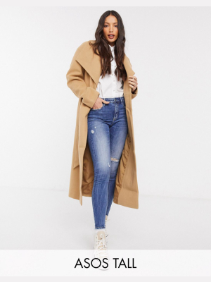 Asos Design Tall Longline Belted Skater Coat In Camel