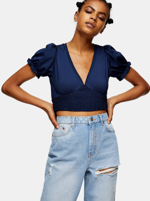 Navy Satin Shirred Puff Sleeve Top