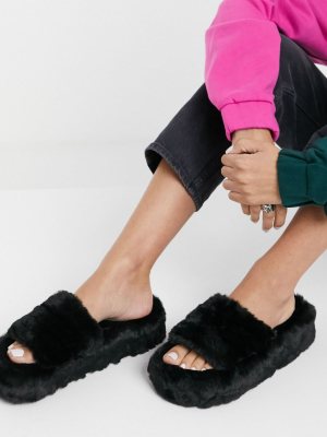 Bershka Faux Fur Fluffy Slider In Black