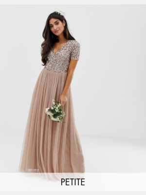 Maya Petite Bridesmaid V Neck Maxi Tulle Dress With Tonal Delicate Sequins In Taupe Blush