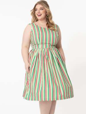 Magnolia Place Plus Size Red & Green Holiday Stripe Print Belle Swing Dress