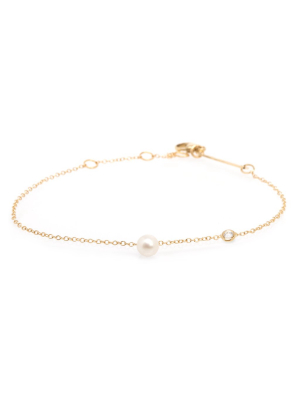 14k Gold Chain Dangling Pearl Bracelet Floating Diamond In The Chain