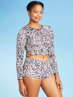 Women's Long Sleeve Crewneck Tie Back Cropped Rashguard - All In Motion™ Cream Animal Print