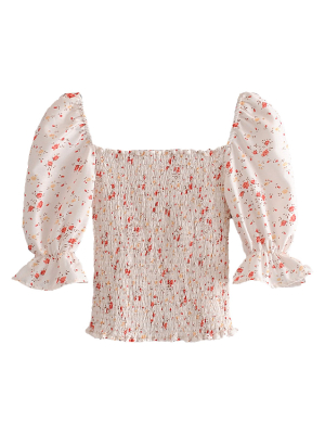 'darcie' Floral Puff Sleeves Ruched Top