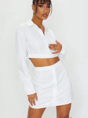 White Oversized Cuffed Button Crop Shirt