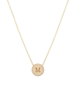 14k Small Engraved Disc Necklace With Pave Halo