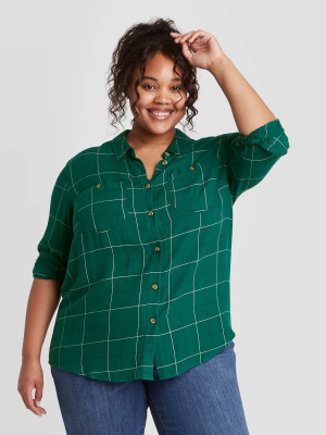 Women's Plus Size Long Sleeve Plaid Button-down Tunic Shirt - Ava & Viv™