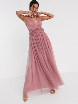 Asos Design Spot Tulle Mesh Plunge Pep Waist Maxi Dress In Mink