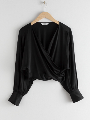 Draped Satin Wrap Blouse