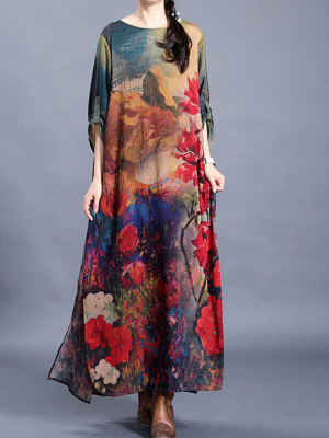 Flower Printed Retro Split Hem Silk Dress