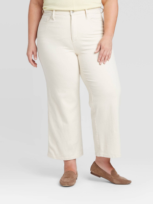 Women's Plus Size High-rise Wide Leg Cropped Jeans - Ava & Viv™ Cream