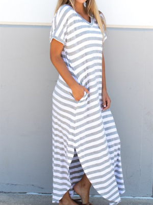 Striped Relaxed Maxi Dress - Gray