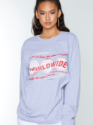 Grey Worldwide Globe Print Long Sleeve T Shirt