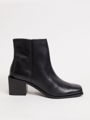 Asos Design Refresh Leather Square Toe Heeled Boots In Black