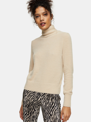 Stone Fluffy Roll Neck Knitted Top