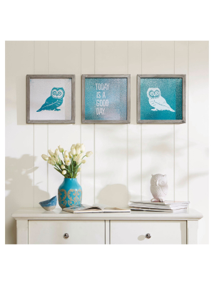 (set Of 3) 12" Square Wise As An Owl Framed Gel Coat Teal