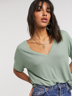 Asos Design Oversized V-neck Top With Curved Hem In Sage