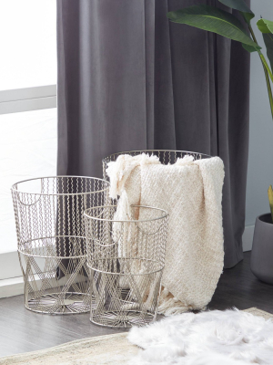 Olivia & May 13"x15"x17" Set Of 3 Round Metal Woven Patterned Storage Baskets With Cut Out Handles Silver