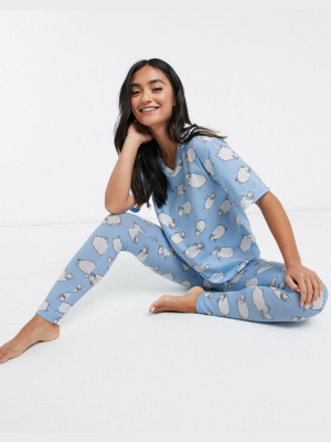 Asos Design Fluffy Cloud Sheep Tee & Legging Pyjama Set In Blue